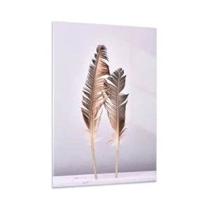 Obraz na szkle - Dwie delikatne pióra na jasnym tle - 50x70cm - Przeciw nicości - Nowoczesna dekoracja ścienna do salonu, kuchni i sypialni ARTTOR