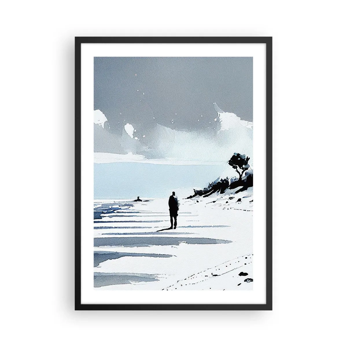 Plakat w czarnej ramie - Samotna postać na plaży w akwarelowej tonacji - 50x70cm - Sam na sam - Nowoczesna dekoracja ścienna do salonu i sypialni ARTTOR