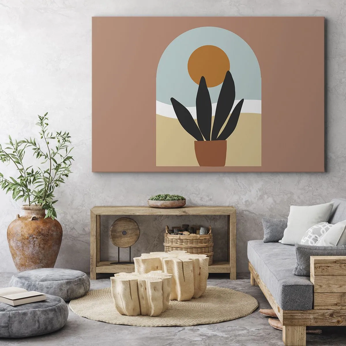 Obraz na płótnie - Czarna roślina w doniczce na tle słońca - 120x80cm - Drobne radości - Nowoczesna dekoracja ścienna do salonu, kuchni i sypialni ARTTOR