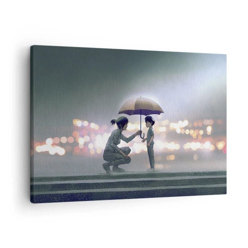 Obraz na płótnie - Postać z parasolem chroniąca dziecko na tle nocnych świateł - 70x50cm - I już jest wszystko dobrze - Nowoczesna dekoracja ścienna do salonu i sypialni ARTTOR