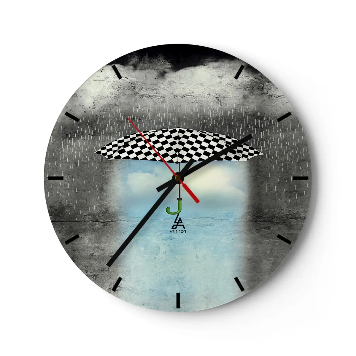Zegar ścienny - Parasol w czarno-białą kratę na tle deszczowych chmur i błękitnego nieba - 30x30cm - A jednak możliwe - Nowoczesna dekoracja ścienna do salonu, kuchni i sypialni ARTTOR