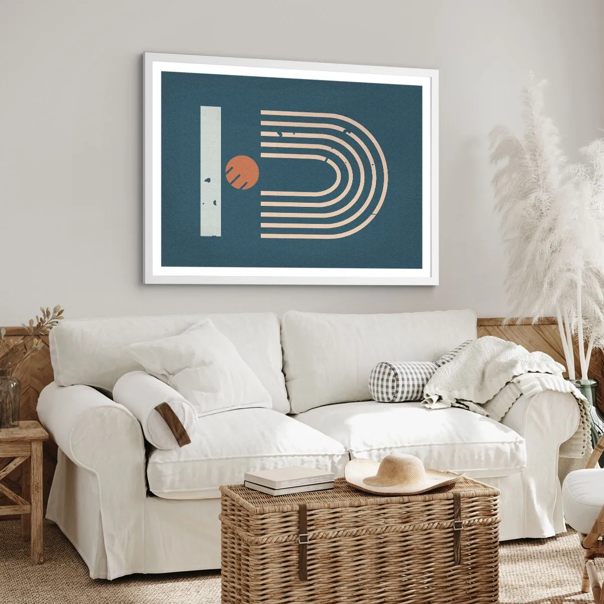 Plakat w białej ramie - Geometria na granacie - 70x50 cm