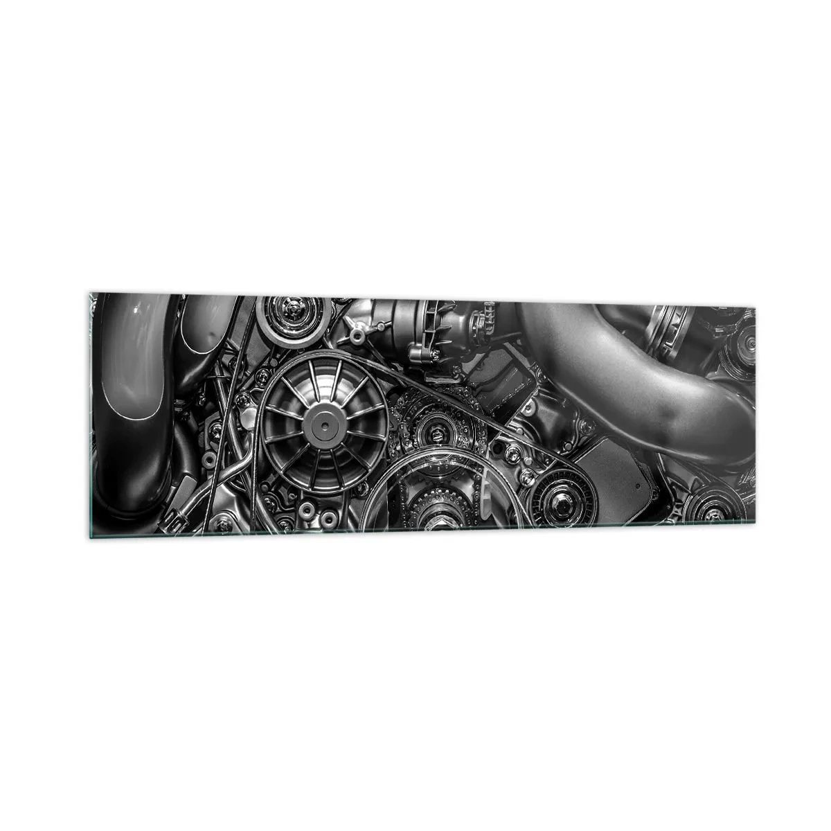 Obraz na szkle - Czarno-białe zbliżenie na mechaniczne detale silnika samochodu - 160x50cm - Poezja mechaniki - Nowoczesna dekoracja ścienna do salonu i sypialni ARTTOR