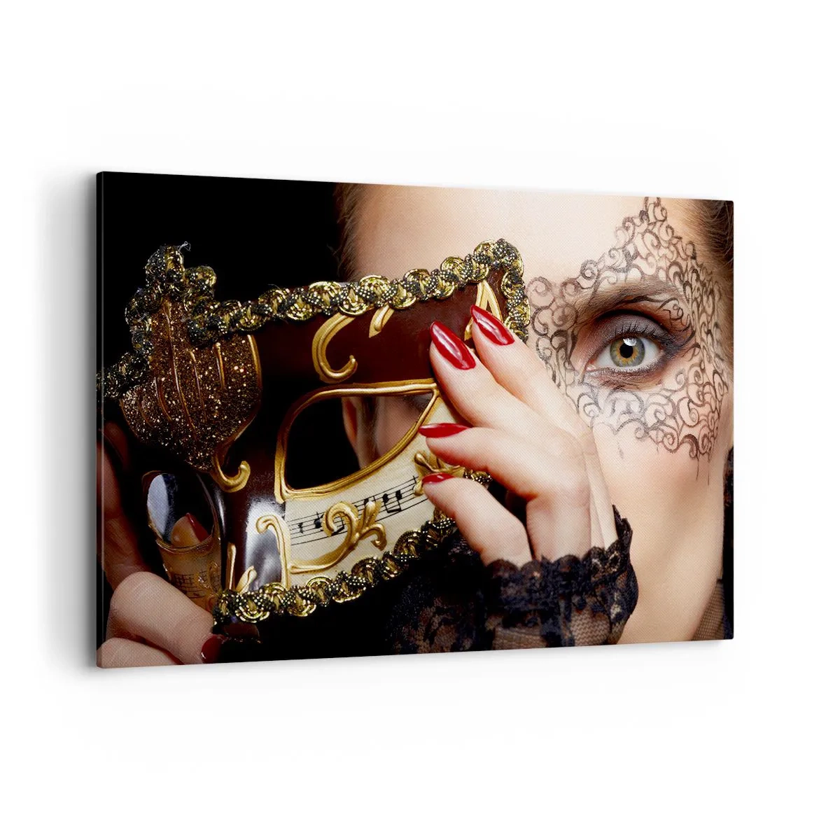 Obraz na płótnie - Kobieta w masce weneckiej ozdobionej złotem i koronką - 120x80cm - Mój świat jest barokowy - Nowoczesna dekoracja ścienna do salonu, kuchni i sypialni ARTTOR