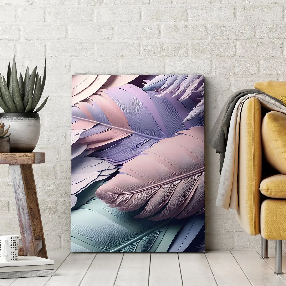 Obraz na płótnie - Kolorowe pióra w pastelowych odcieniach na jasnym tle - 70x100cm - Ptasi szyk - Nowoczesna dekoracja ścienna do salonu i sypialni ARTTOR