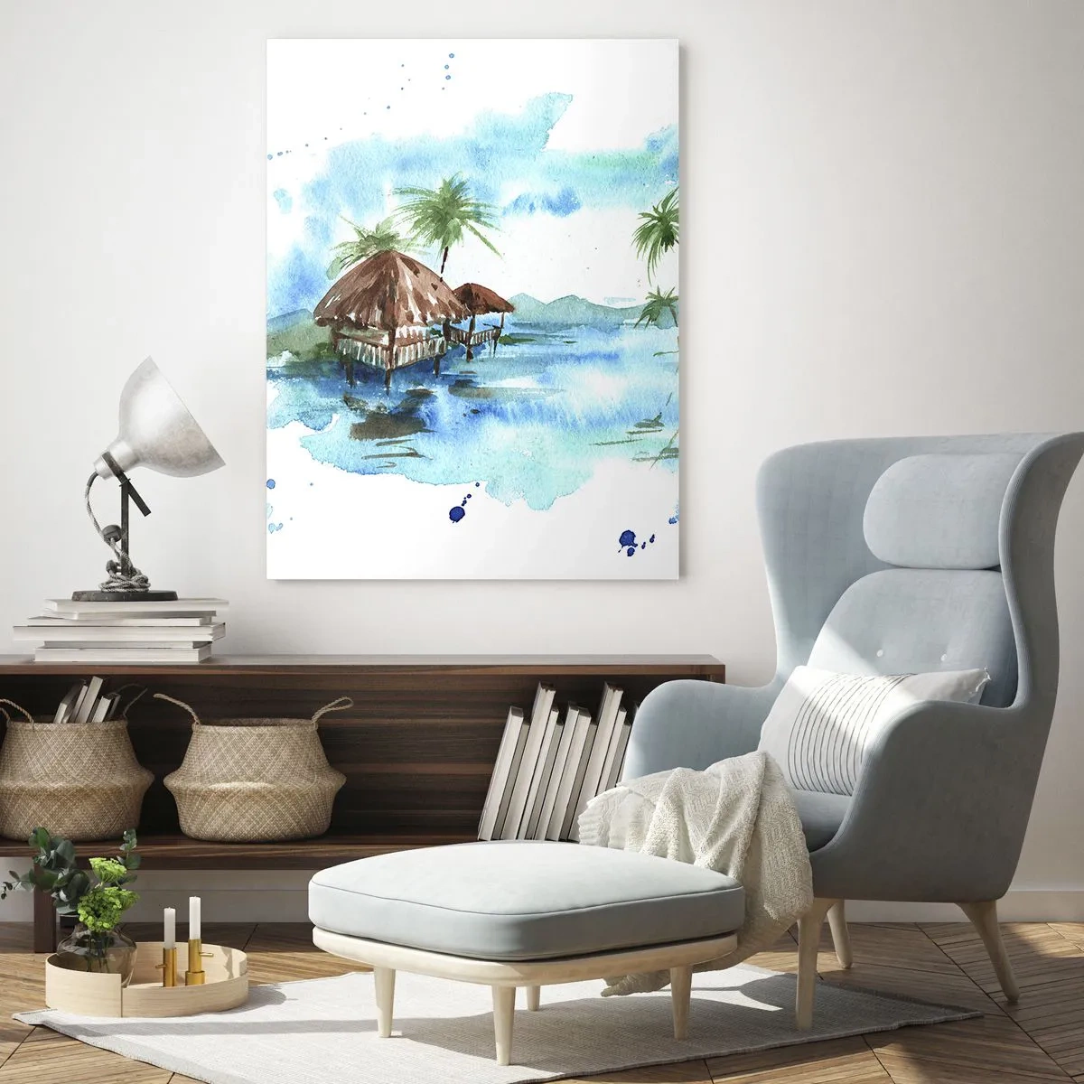 Obraz na szkle - Tropikalna sceneria z palmami i chatką w stylu akwareli - 50x70cm - Gdzieś na Pacyfiku - Nowoczesna dekoracja ścienna do salonu, kuchni i sypialni ARTTOR