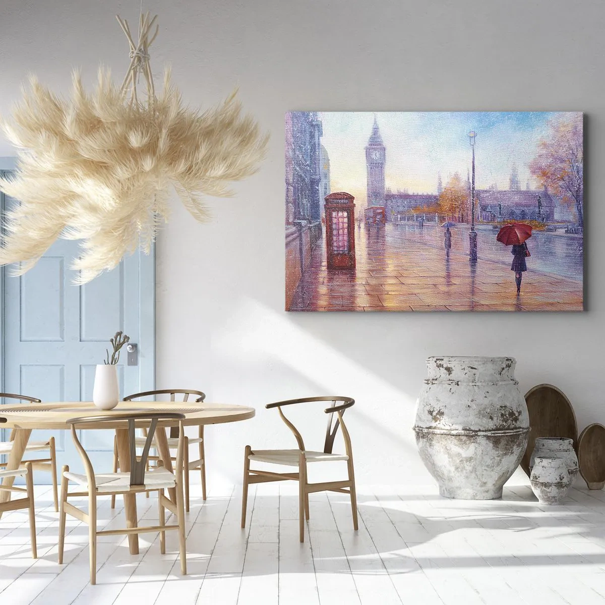 Obraz na płótnie - Londyńska ulica z Big Benem w deszczowy dzień - 70x50cm - Londyński jesienny dzień - Nowoczesna dekoracja ścienna do salonu i sypialni ARTTOR