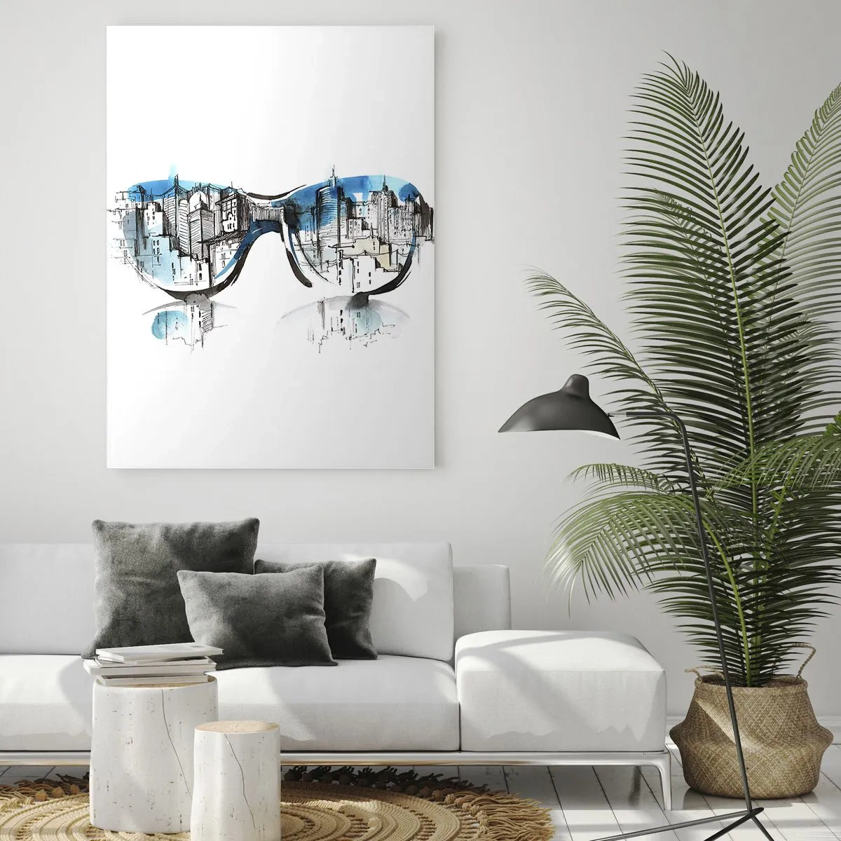 Obraz na szkle - Panorama miasta odbita w okularach przeciwsłonecznych - 50x70cm - Wielkomiejski szyk - Nowoczesna dekoracja ścienna do salonu, kuchni i sypialni ARTTOR