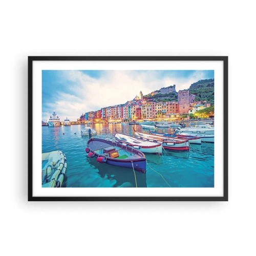 Plakat w czarnej ramie - Kolorowe miasteczko nad wodą z łodziami w porcie - 70x50cm - Kolorowy wieczór w porcie - Nowoczesna dekoracja ścienna do salonu i sypialni ARTTOR