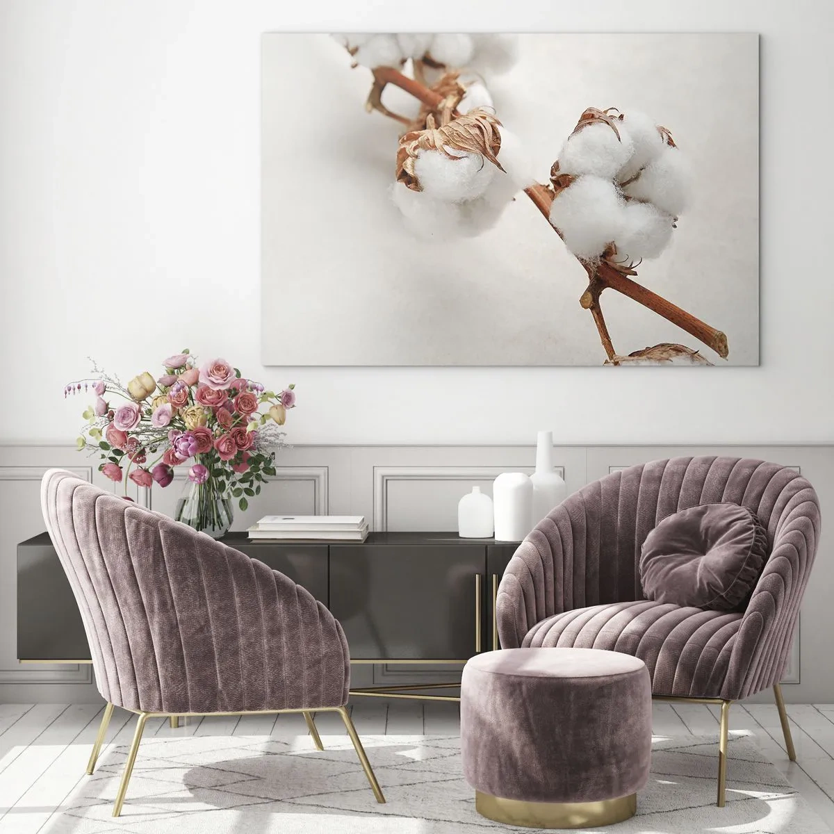 Obraz na szkle - Zbliżenie na gałązkę bawełny na jasnym tle - 100x70cm - Tylko tulić - Nowoczesna dekoracja ścienna do salonu, kuchni i sypialni ARTTOR