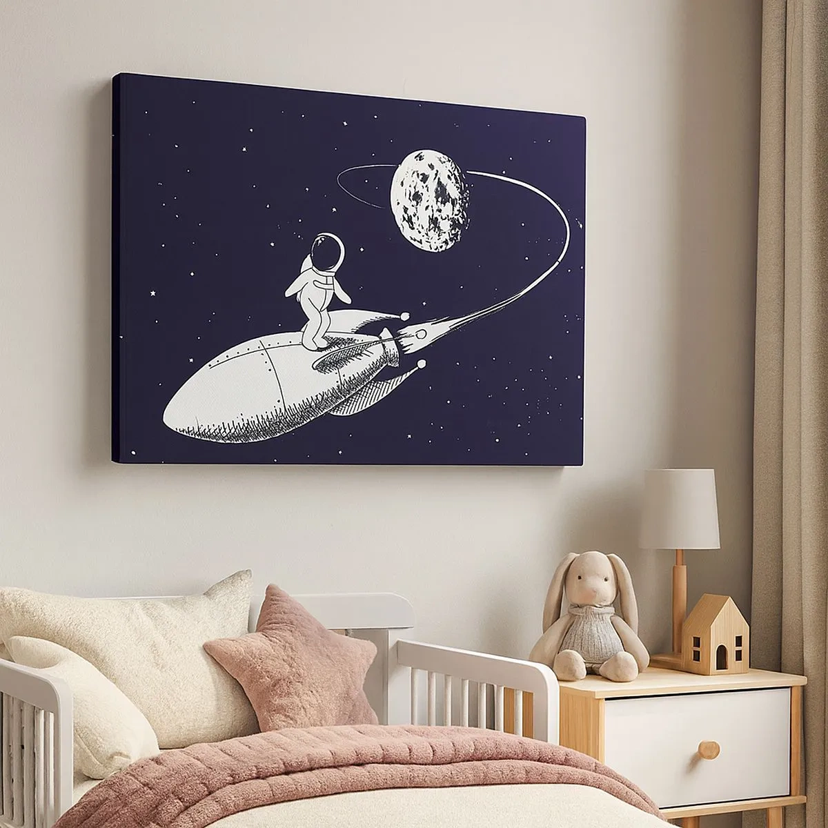 Obraz na płótnie - Astronauta na rakiecie w przestrzeni kosmicznej - 70x50cm - Kosmiczny surfer - Nowoczesna dekoracja ścienna do salonu i sypialni ARTTOR