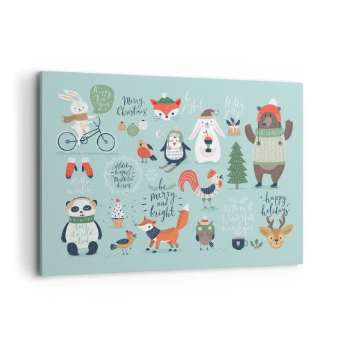 Obraz na płótnie - Świąteczna ilustracja zwierząt w zimowym klimacie - 100x70cm - Niech zawsze już będą święta! - Nowoczesna dekoracja ścienna do salonu, kuchni i sypialni ARTTOR