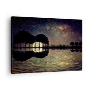 Obraz na płótnie - Magiczna noc z drzewami i odbiciem księżyca na wodzie - 70x50cm - Noc na krańcu świata - Nowoczesna dekoracja ścienna do salonu i sypialni ARTTOR