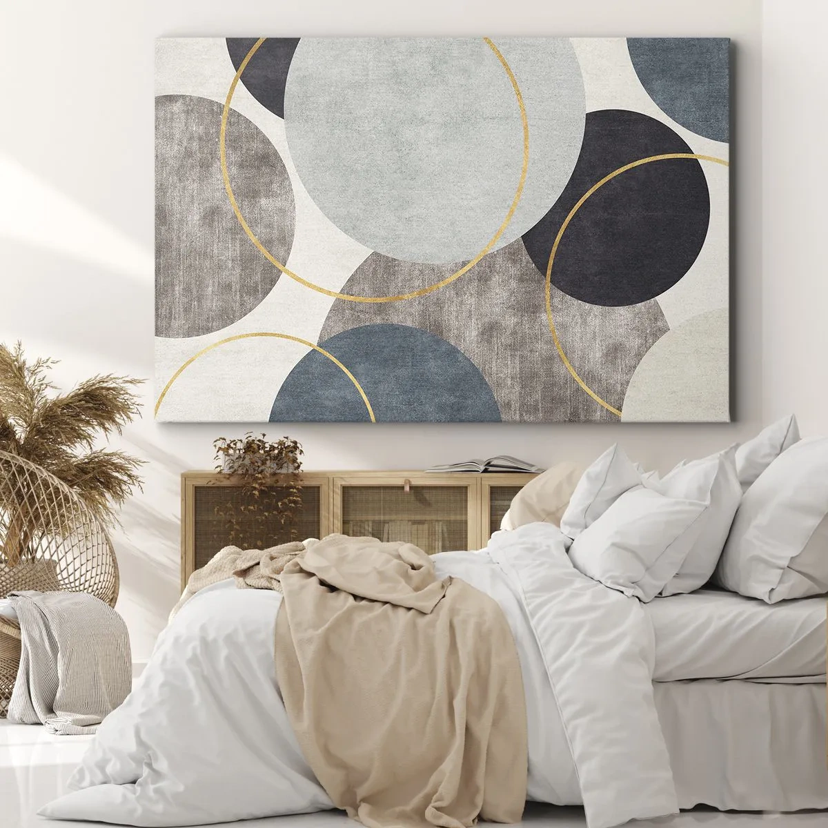 Obraz na płótnie - Geometryczne okręgi w odcieniach szarości, błękitu i złota - 70x50cm - Koło za kołem - Nowoczesna dekoracja ścienna do salonu i sypialni ARTTOR