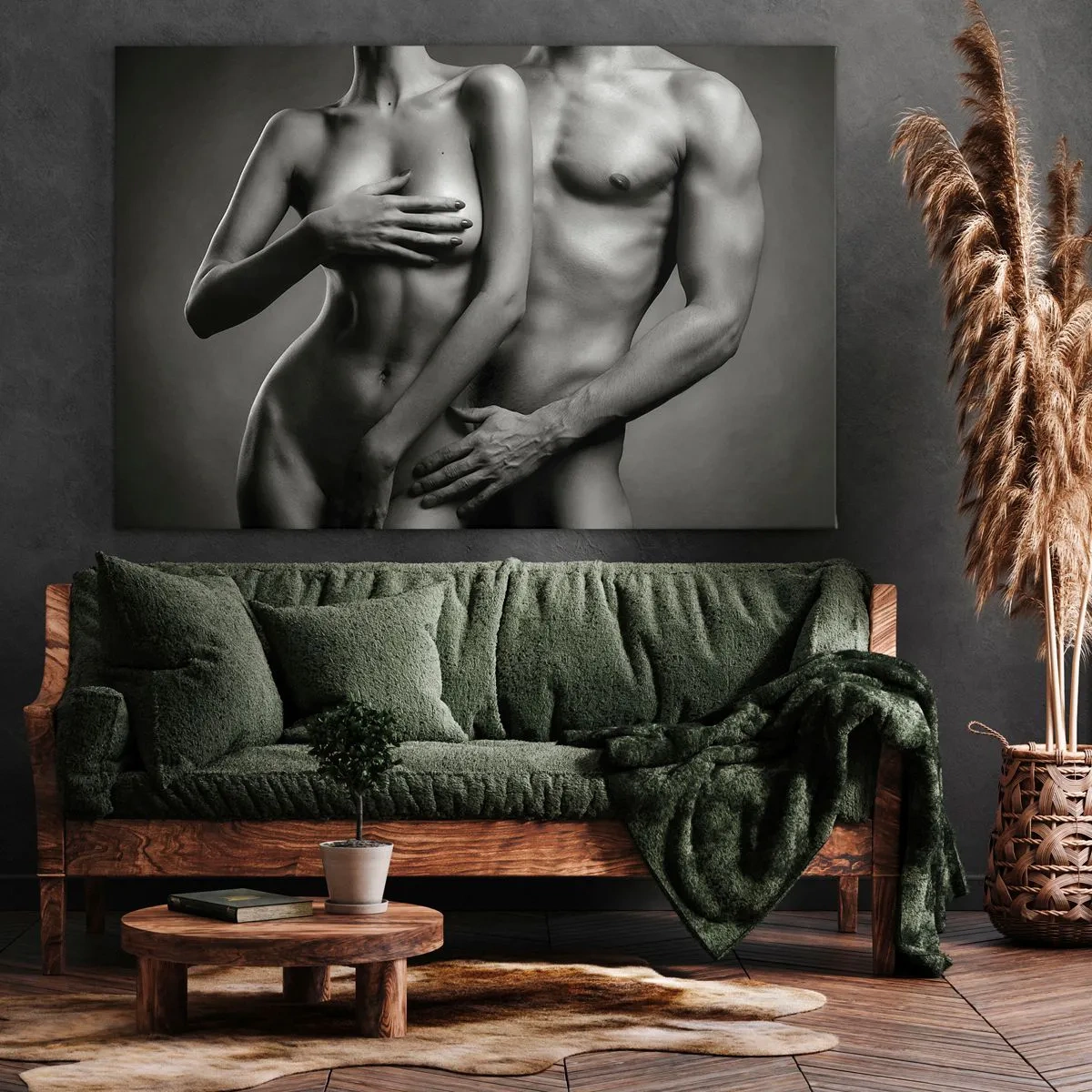 Obraz na płótnie - Czarno-białe przedstawienie kobiecego i męskiego ciała w artystycznej pozie - 70x50cm - Adam i Ewa - Nowoczesna dekoracja ścienna do salonu i sypialni ARTTOR