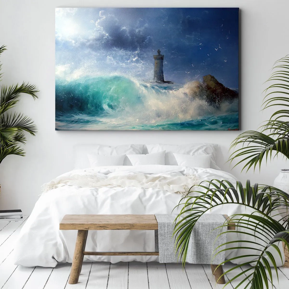 Obraz na płótnie - Latarnia morska otoczona wzburzonymi falami i chmurami - 70x50cm - Na straży przeciw żywiołom - Nowoczesna dekoracja ścienna do salonu i sypialni ARTTOR