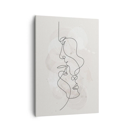 Obraz na płótnie - Minimalistyczna grafika twarzy narysowana jedną linią na jasnym tle - 50x70cm - Splątani w uścisku - Nowoczesna dekoracja ścienna do salonu, kuchni i sypialni ARTTOR