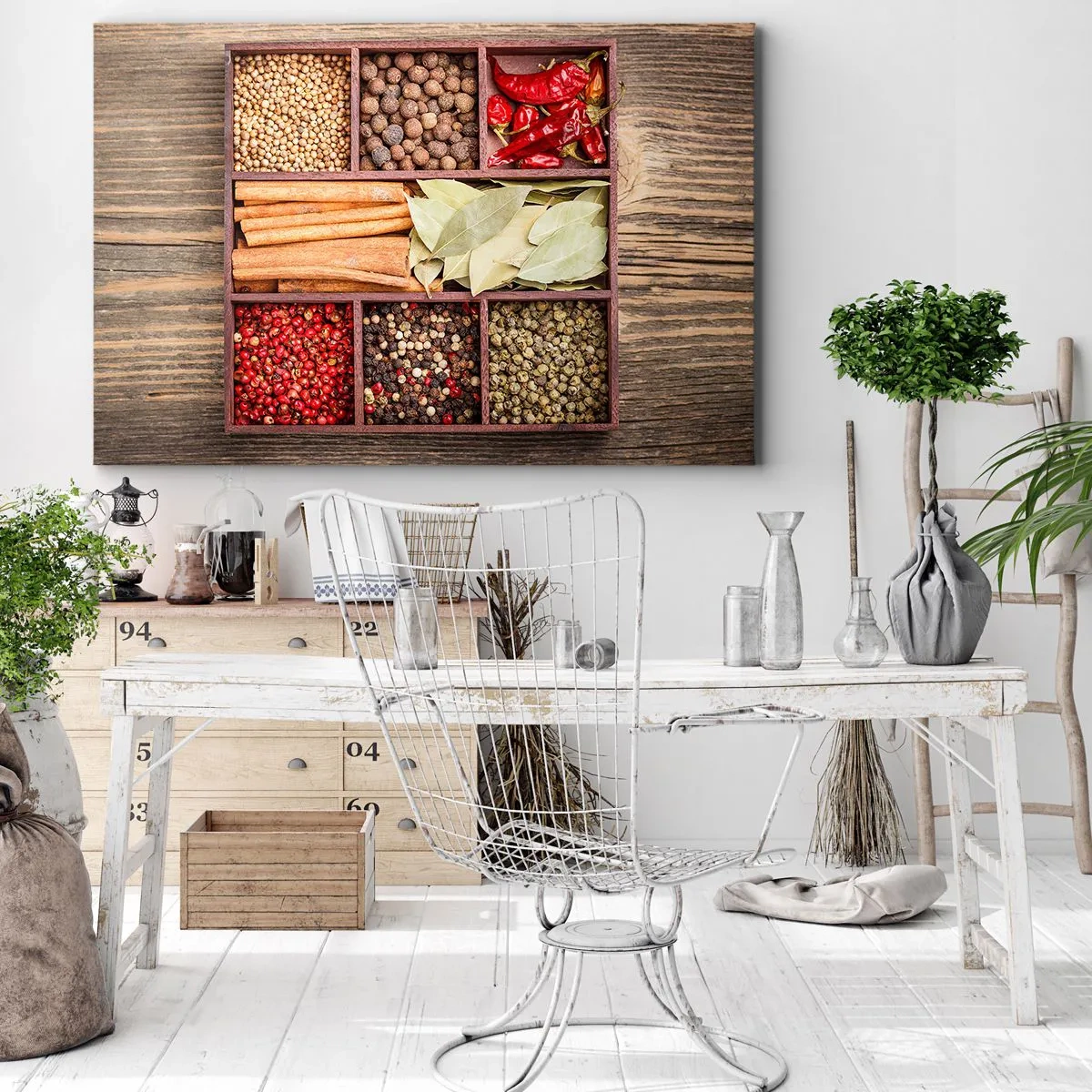 Obraz na płótnie - Drewniane pudełko z różnorodnymi przyprawami w przegródkach - 70x50cm - Porządek kształtów, bukiet aromatów - Nowoczesna dekoracja ścienna do salonu i sypialni ARTTOR