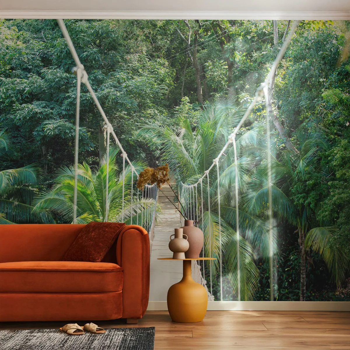 Fototapeta Premium Sand - Most linowy wśród tropikalnej dżungli - 100x70cm - Welcome to the jungle! - Nowoczesna dekoracja ścienna do salonu, kuchni i sypialni ARTTOR
