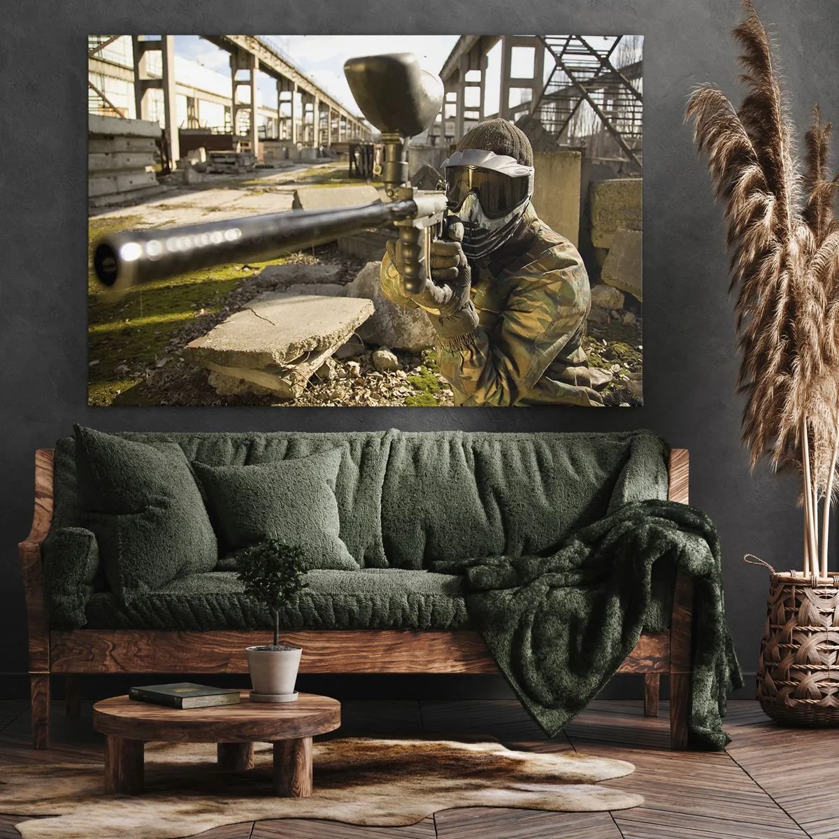 Obraz na płótnie - Gracz paintballa w stroju kamuflażowym celujący z markera - 100x70cm - I ty możesz zostać bohaterem - Nowoczesna dekoracja ścienna do salonu, kuchni i sypialni ARTTOR