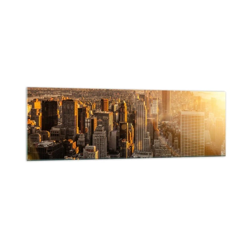 Obraz na szkle - Panorama Nowego Jorku o zachodzie słońca z widokiem na Empire State Building - 160x50cm - Rosnąc w słońcu - Nowoczesna dekoracja ścienna do salonu i sypialni ARTTOR
