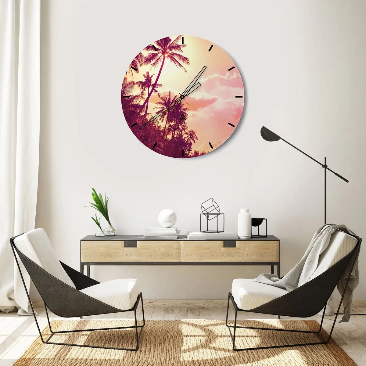 Zegar ścienny - Palmy na tle nieba o zachodzie słońca - 30x30cm - Musisz wybrać - Nowoczesna dekoracja ścienna do salonu, kuchni i sypialni ARTTOR