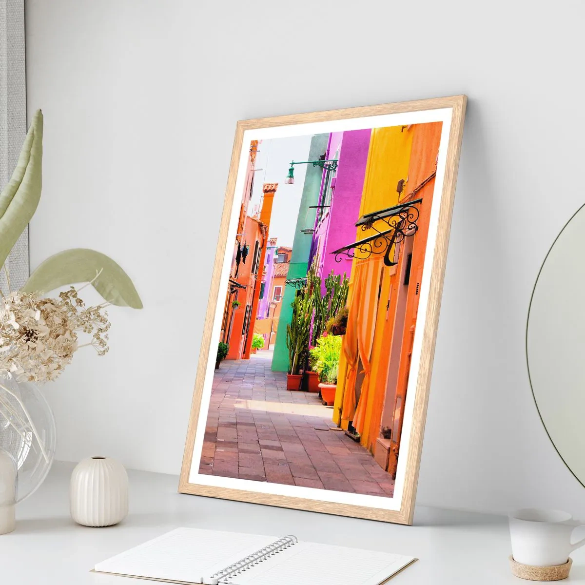 Plakat w ramie jasny dąb - Tęczowy zaułek - 70x100 cm