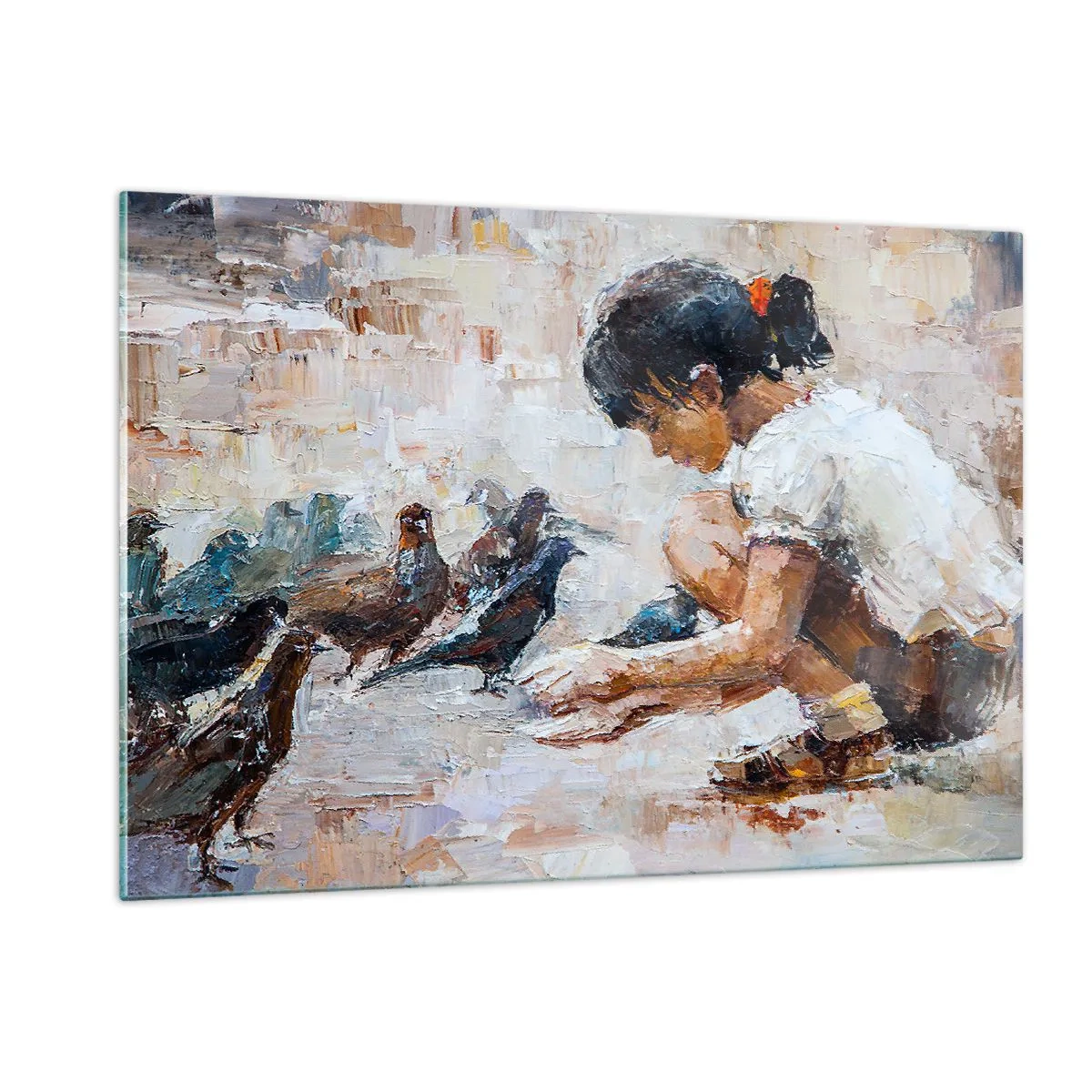Obraz na szkle - Dziewczynka karmiąca ptaki na tle impresjonistycznym - 120x80cm - Maluczcy i najmilsi - Nowoczesna dekoracja ścienna do salonu, kuchni i sypialni ARTTOR