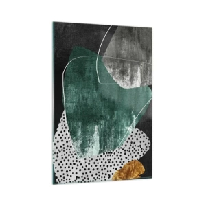 Obraz na szkle - Abstrakcyjna kompozycja z zielonymi kształtami i wzorami kropek - 80x120cm - Barwna abstrakcja z płatkiem złota - Nowoczesna dekoracja ścienna do salonu i sypialni ARTTOR