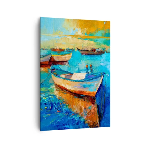 Obraz na płótnie - Kolorowe łodzie zacumowane na spokojnej wodzie - 70x100cm - W południowej zatoce - Nowoczesna dekoracja ścienna do salonu i sypialni ARTTOR