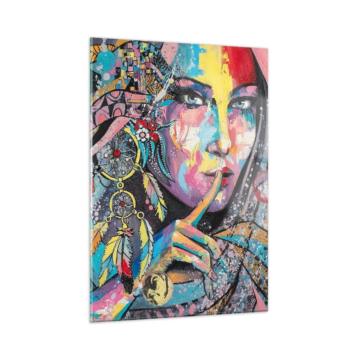 Obraz na szkle - Kolorowy portret kobiety z motywami etnicznymi i piórami - 50x70cm - Milcz, aż zrozumiesz - Nowoczesna dekoracja ścienna do salonu, kuchni i sypialni ARTTOR