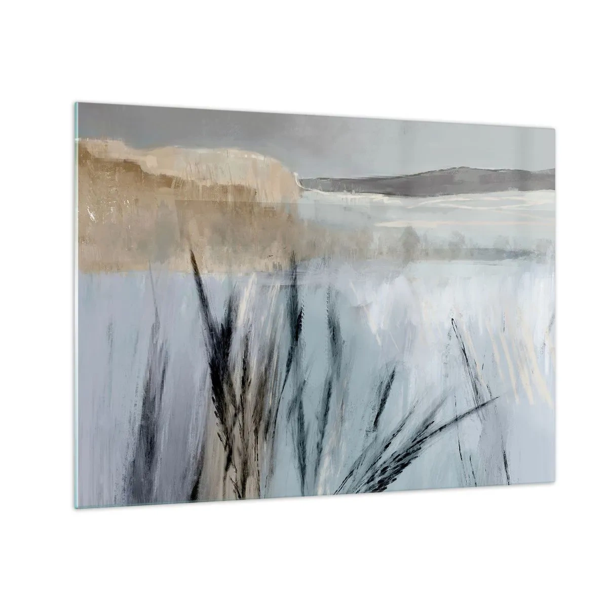 Obraz na szkle - Zimowy pejzaż z trawami na tle ośnieżonych pól - 70x50cm - Zimowe pola - Nowoczesna dekoracja ścienna do salonu i sypialni ARTTOR