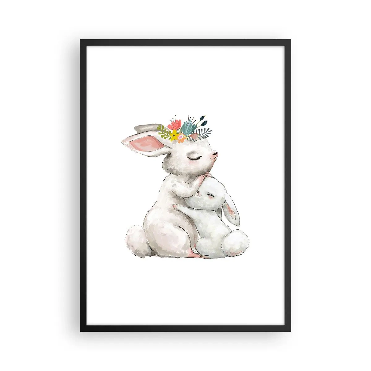 Plakat w czarnej ramie - Nie ma jak u mamy - Dwa króliczki w uścisku z kwiatowym wiankiem na głowie - 50x70cm