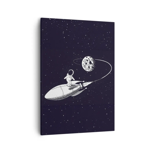 Obraz na płótnie - Astronauta jadący na rakiecie w stronę księżyca na tle gwiazd - 50x70cm - Kosmiczny surfer - Nowoczesna dekoracja ścienna do salonu, kuchni i sypialni ARTTOR