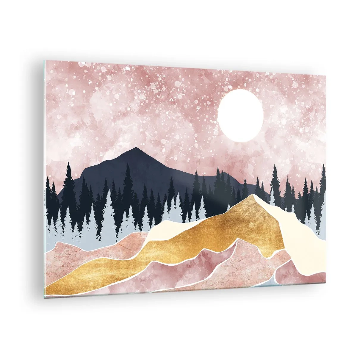 Obraz na szkle - Góry i las w świetle księżyca na tle różowego nieba - 70x50cm - Nocna straż - Nowoczesna dekoracja ścienna do salonu i sypialni ARTTOR