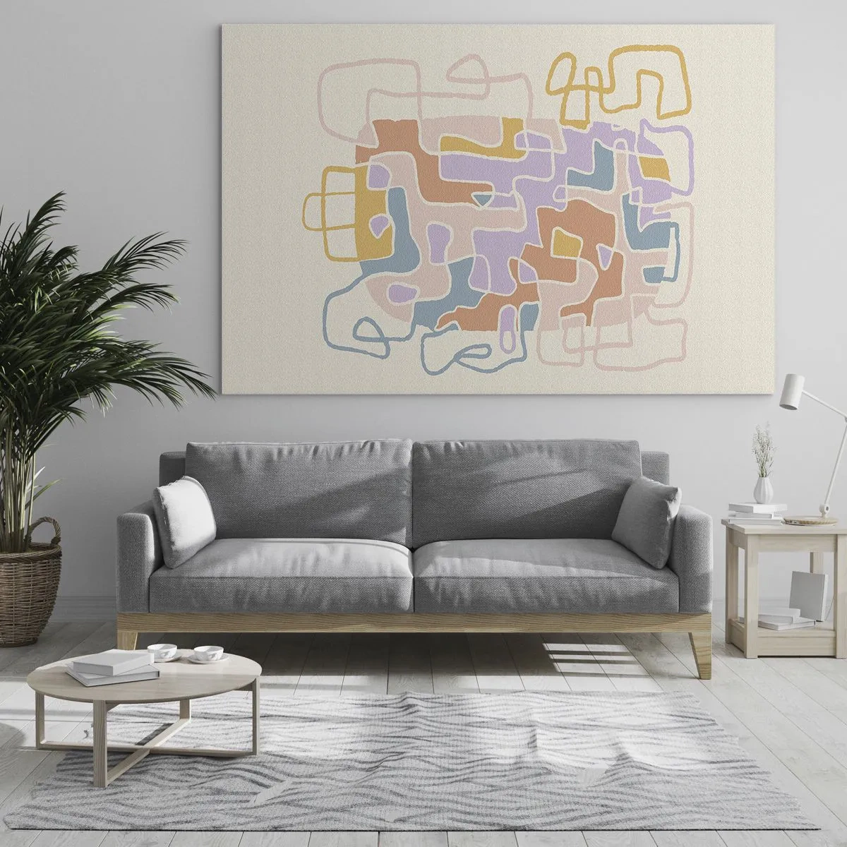 Obraz na szkle - Kolorowy labirynt linii na kremowym tle - 70x50cm - Labirynt – radosna przygoda - Nowoczesna dekoracja ścienna do salonu i sypialni ARTTOR