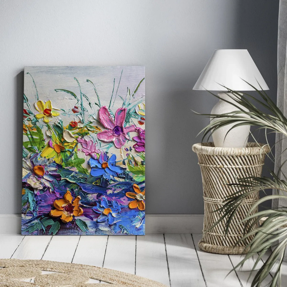 Obraz na płótnie - Kolorowy obraz kwiatów namalowanych techniką impasto - 50x70cm - Wcale nie-martwa natura - Nowoczesna dekoracja ścienna do salonu, kuchni i sypialni ARTTOR