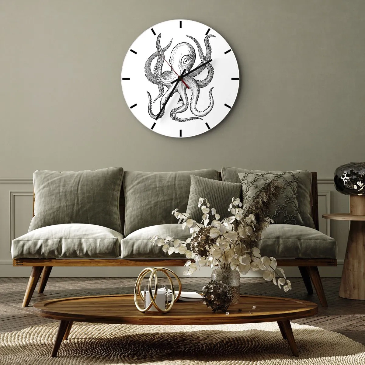 Zegar ścienny - Ilustracja ośmiornicy w stylu vintage na białym tle - 30x30cm - Tańcząca z falami - Nowoczesna dekoracja ścienna do salonu, kuchni i sypialni ARTTOR