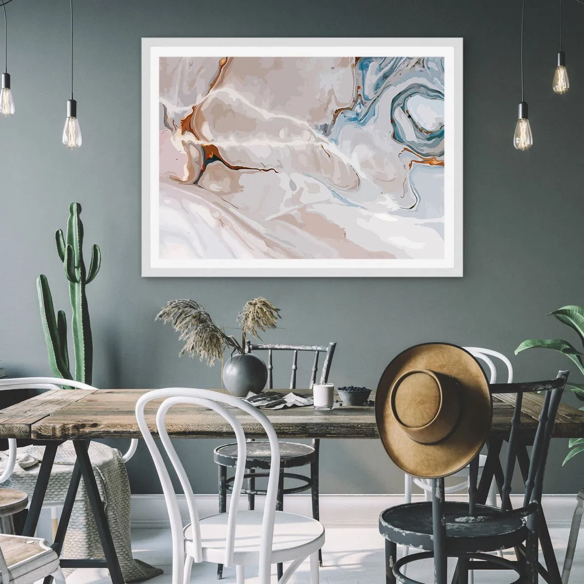 Plakat w białej ramie - Błękitne meandry pod bielą - 100x70 cm