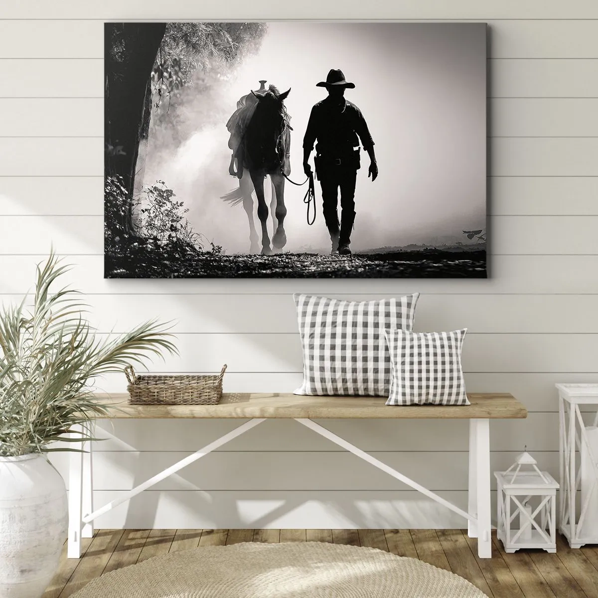 Obraz na płótnie - Kowboj z koniem w porannej mgle - 120x80cm - Teksański poranek - Nowoczesna dekoracja ścienna do salonu, kuchni i sypialni ARTTOR