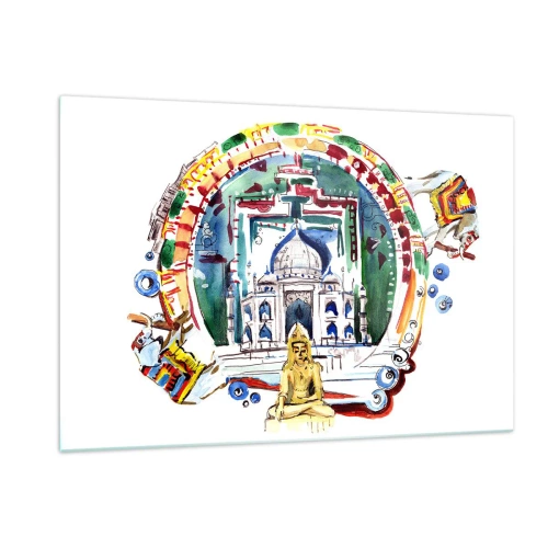 Obraz na szkle - Kolorowa ilustracja zabytków Indii w stylu akwareli - 120x80cm - Hinduska równowaga świata - Nowoczesna dekoracja ścienna do salonu, kuchni i sypialni ARTTOR
