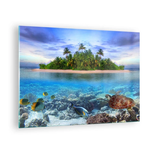 Obraz na szkle - Tropikalna wyspa z rafą koralową i morskimi zwierzętami - 70x50cm - Niebiańska wyspa zaprasza - Nowoczesna dekoracja ścienna do salonu i sypialni ARTTOR