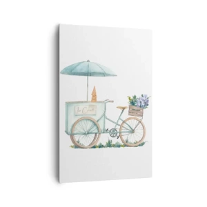 Obraz na płótnie - Rower z lodami i kwiatami pod parasolem w delikatnej pastelowej kolorystyce - 80x120cm - Słodkie wspomnienie lata - Nowoczesna dekoracja ścienna do salonu i sypialni ARTTOR
