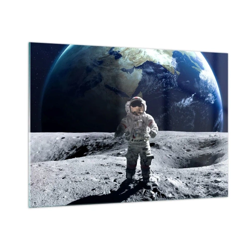 Obraz na szkle - Astronauta na powierzchni Księżyca z Ziemią w tle - 100x70cm - Pozdrowienia z Księżyca - Nowoczesna dekoracja ścienna do salonu, kuchni i sypialni ARTTOR