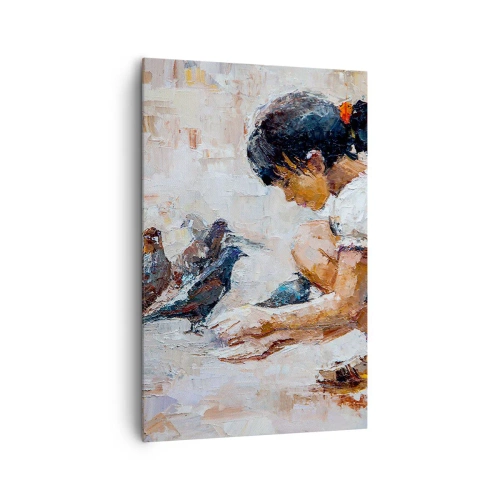 Obraz na płótnie - Dziewczynka karmiąca ptaki w malarskim stylu - 80x120cm - Maluczcy i najmilsi - Nowoczesna dekoracja ścienna do salonu i sypialni ARTTOR