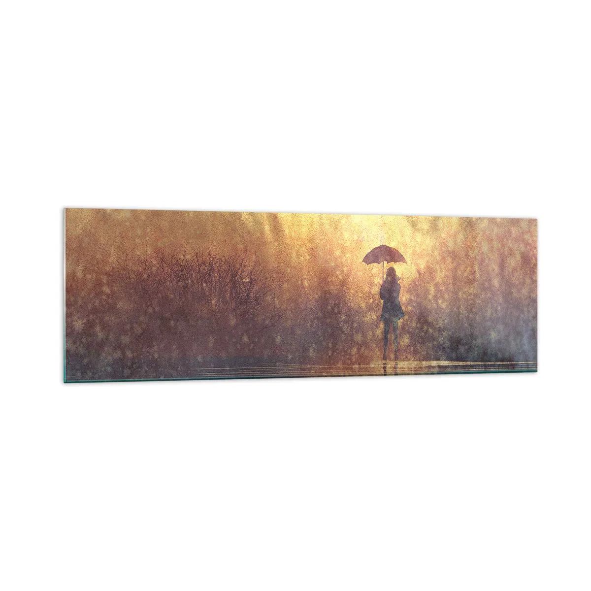 Obraz na szkle - Postać z parasolem w mglistym krajobrazie pełnym refleksji - 160x50cm - Czuję, że ktoś na mnie patrzy - Nowoczesna dekoracja ścienna do salonu i sypialni ARTTOR
