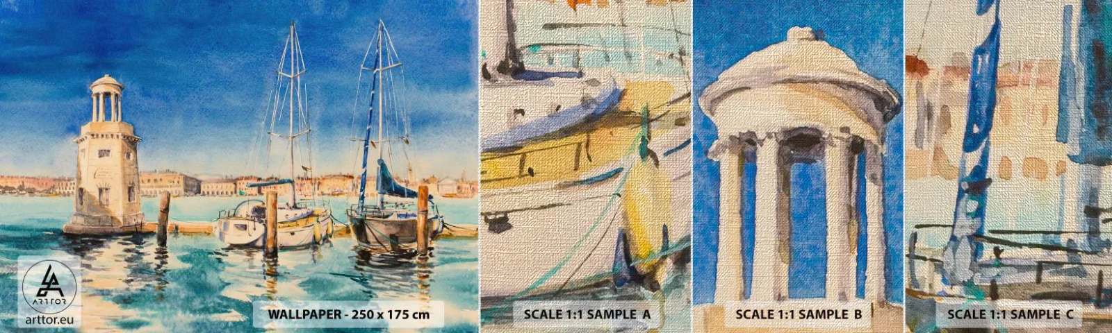 Fototapeta Próbka Premium Canvas - Słoneczna laguna - Port, Pejzaż, Latarnia Morska - 100x30 cm