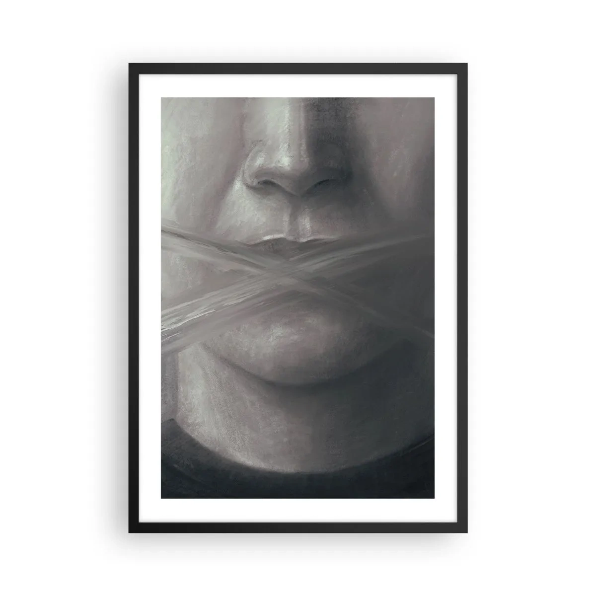 Plakat w czarnej ramie - Symboliczna twarz z zakrytymi ustami w monochromatycznych barwach - 50x70cm - Ani słowa - Nowoczesna dekoracja ścienna do salonu i sypialni ARTTOR