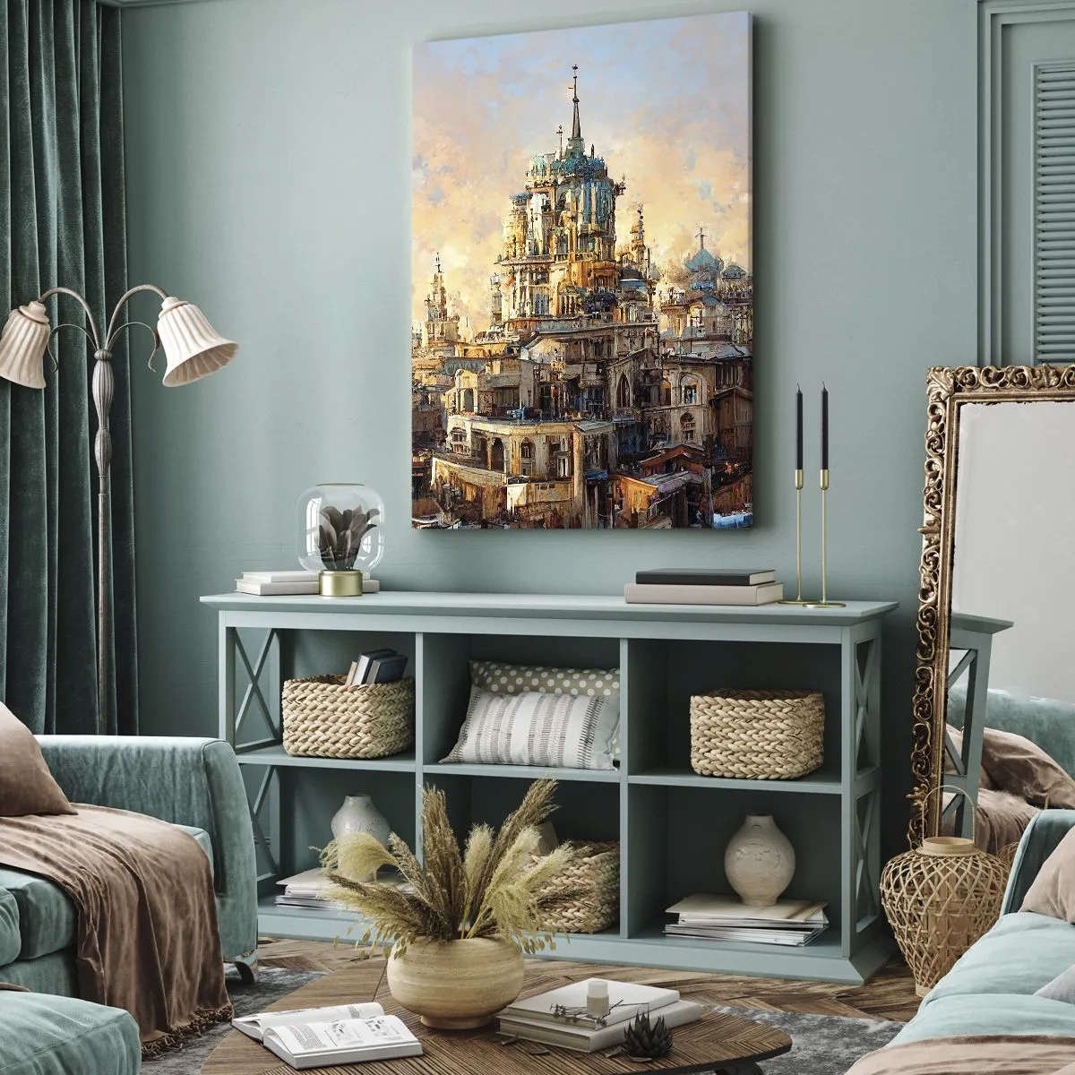 Obraz na płótnie - Fantastyczna architektura miasta z wieżami w złotych odcieniach na tle nieba - 50x70cm - Miasto miast - Nowoczesna dekoracja ścienna do salonu, kuchni i sypialni ARTTOR