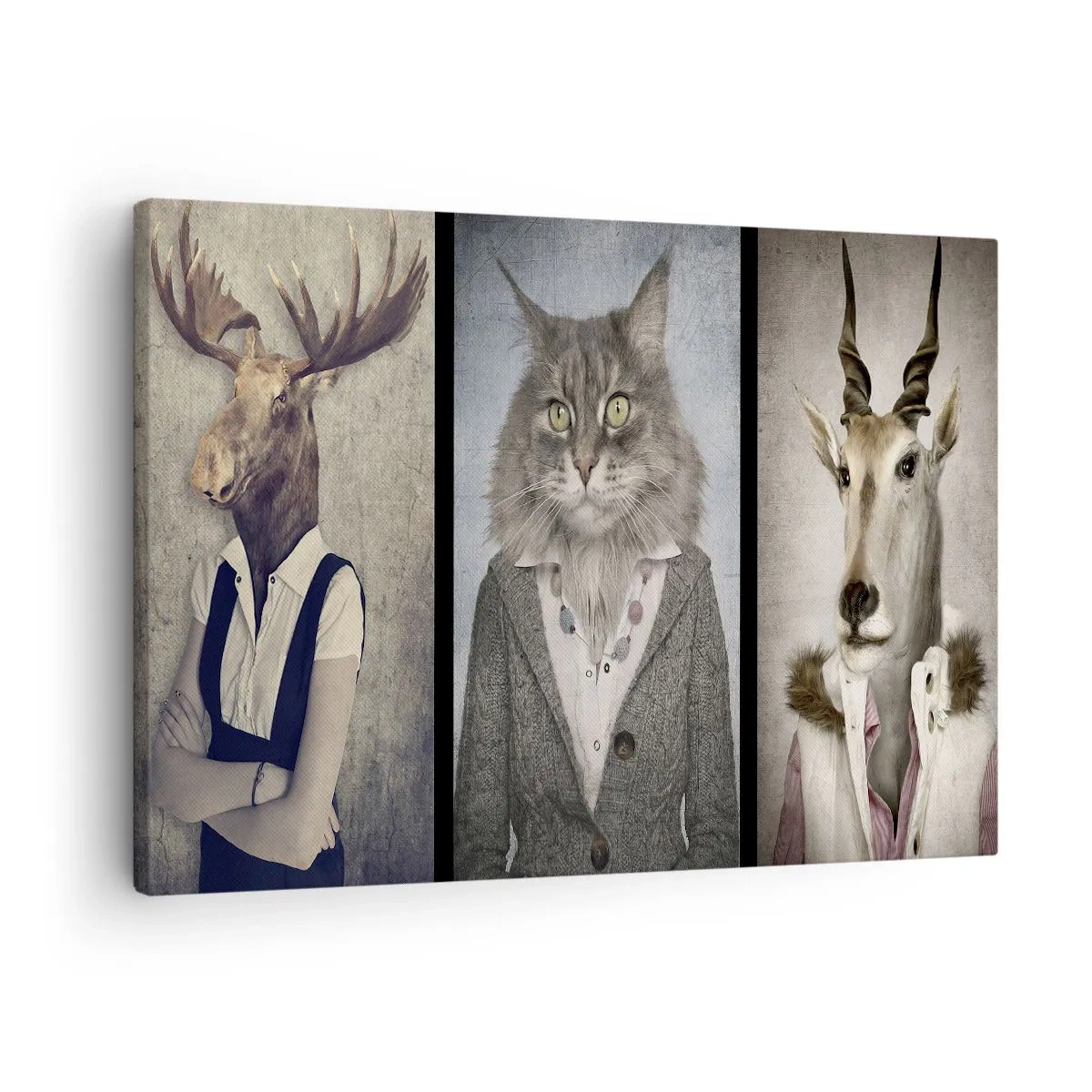 Obraz na płótnie - Tryptyk z postaciami zwierząt w eleganckich ubraniach na stylizowanym tle - 70x50cm - Futra znów w modzie - Nowoczesna dekoracja ścienna do salonu i sypialni ARTTOR